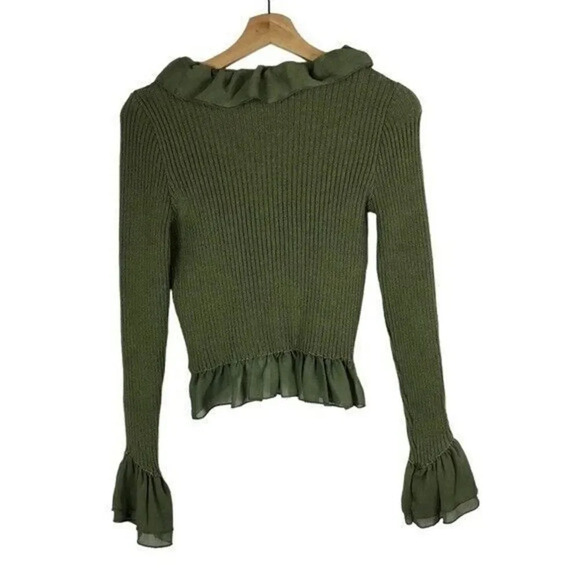 Zara Green Ribbed Ruffle Trim Cardigan Sweater S - Picture 2 of 5